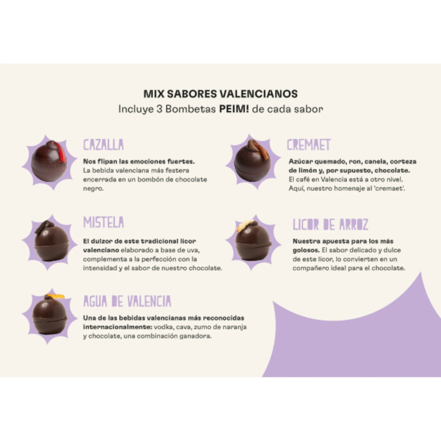 Descripción de las bombetas mix de sabores valencianos, con sabor a cazalla, cremaet, mistela, licor de arroz y agua de valencia de utopik cacao