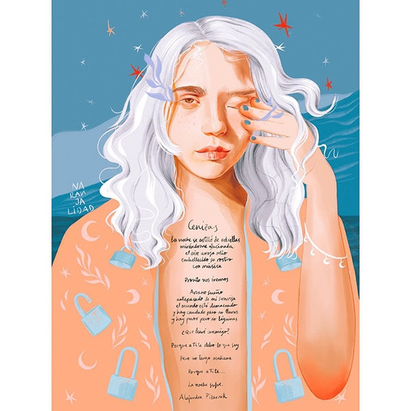 Ilustración de Naranjalidad con una mujer de pelo blanco, túnica naranja y un poema de Alejandra Pizarnik en el pecho