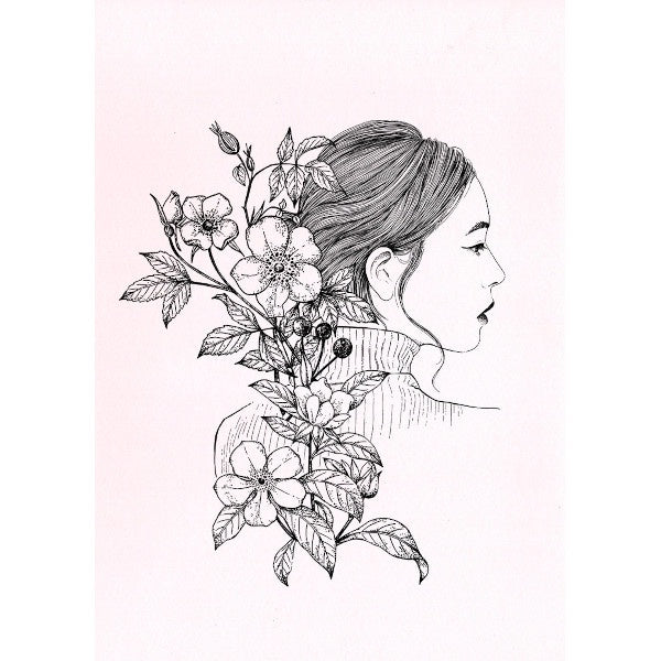 Print de Laura Agustí de una mujer de perfil con flores en la espalda