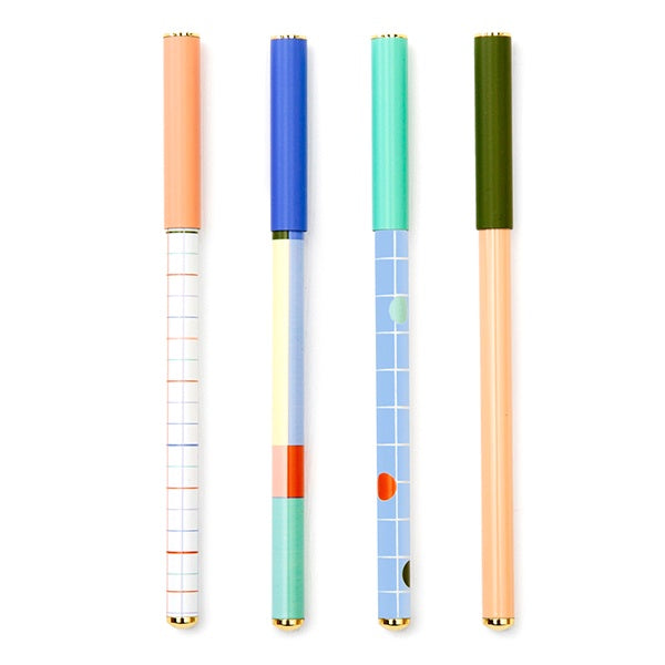 Pack de 4 bolígrafos de metal con estampado geométrico y tapón