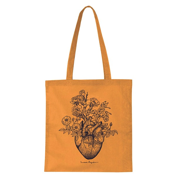 Bolsa de tela color curcuma con estampación del corazón florido de Laura Agustí