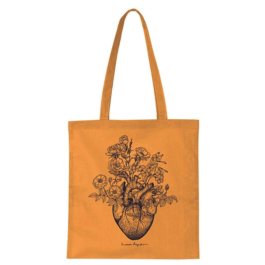 Bolsa de tela color curcuma con estampación del corazón florido de Laura Agustí