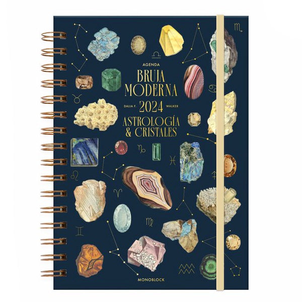 Agenda de la Bruja Moderna Dalia F Walker para 2024 con portada con cristales mágicos
