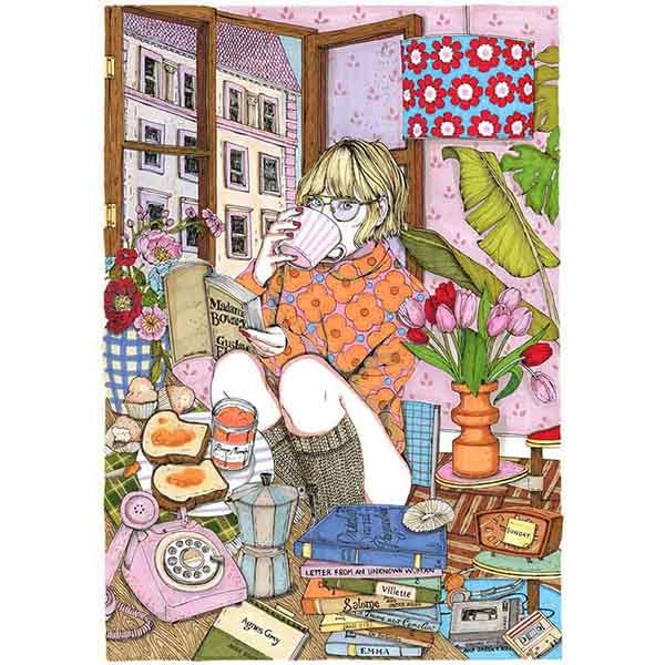Lámina de gran formato de la ilustración de una chica bebiendo café de Ana jarén