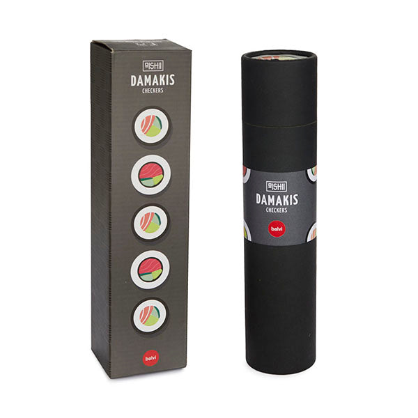 Tubo y caja del juego de damas Damakis con piezas con forma de maki sushi