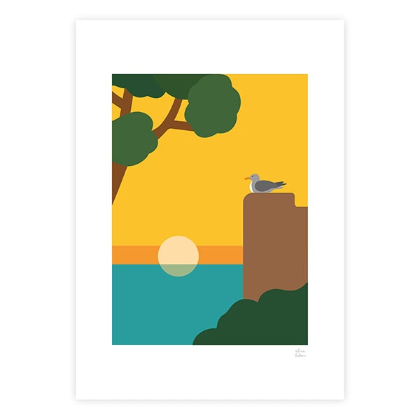 Ilustración de un atardecer en la playa de denia con un árbol y una gaviota sobre un acantilado