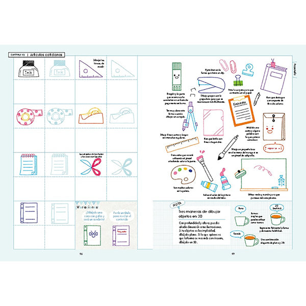 Páginas interiores del libro Dibújalo todo con instrucciones para dibujar objetos cotidianos