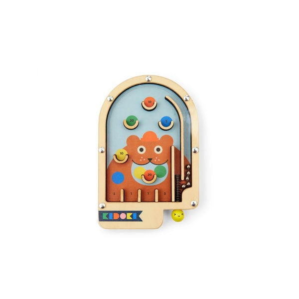 Juego para niños pinball de madera con cinco bolitas de metal y fondo de oso pardo