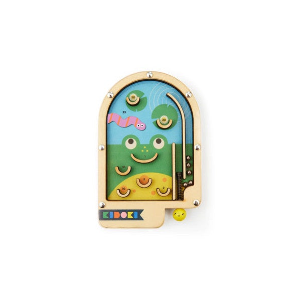 Juego para niños pinball de madera con cinco bolitas de metal y fondo de rana