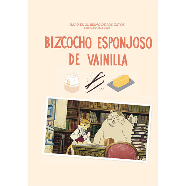 Página interior del libro de recetas de cocina inspiradas en las películas de anime del Studio Ghibli con gatos haciendo un bizcocho de vainilla