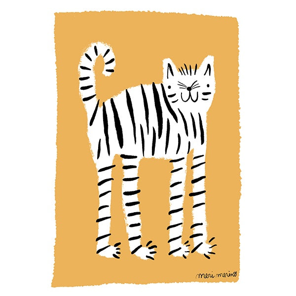 ilustración de Meri Merino de un gato blanco con rallas negras sobre un fondo naranja