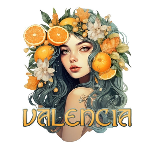 Pegatina troquelada de una mujer con el pelo azul y naranjas y flores de azahar entretejidas en el pelo on el texto Valencia en letras modernistas