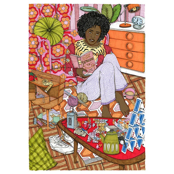 Ilustración de una mujer en su salón leyendo un libro de Jane Austen sin zapatillas con juegos, costura y música cerca