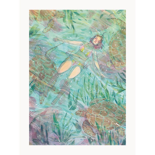 Ilustración a la acuarela de la ilustradora Esther Gili con una chica en bikini flotando en el agua rodeada de tortugas.