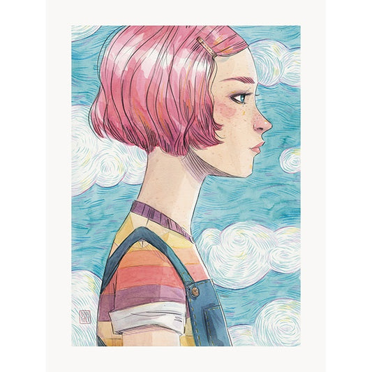 Ilustración de esther Gili Soñar Nubes, con una chica de perfil con el pelo rosa y mono vaquero y fondo de nubes