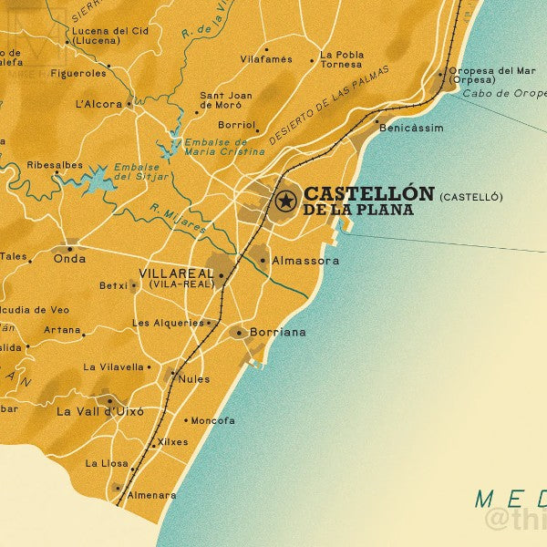 Detalle del mapa de la provincia de Castellón por el artista Mike Hall con la capital Castellón de la Plana, la costa mediterránea y pueblos de alrededor