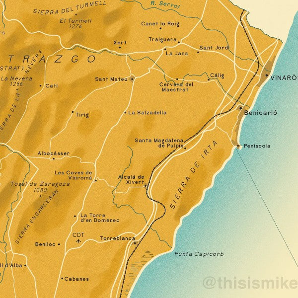 Detalle del mapa de la provincia de Castellón por el artista Mike Hall con la zona norte, la costa, Peñíscola y la Sierra de Irta