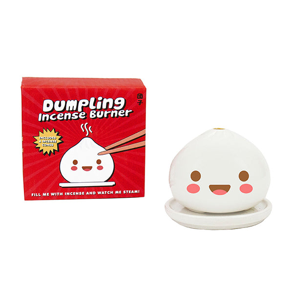 Quemador de incienso de cerámica con forma de bao con carita adorable y platito junto a su caja roja