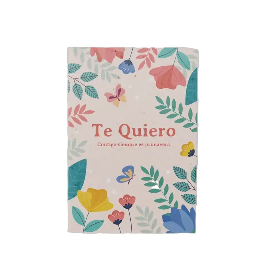 Postal con semillas plantable con ilustraciones de flores y el mensaje "Te quiero Contigo siempre es primavera"