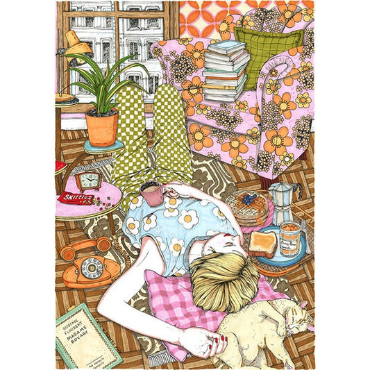 Ilustración con una chica y un gato durmiendo.