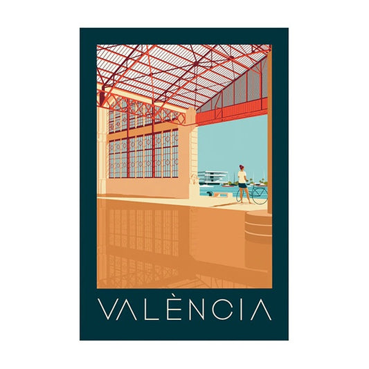 Postal de Valencia en la que se ve una mujer con una bici en el Tinglado Nº2 mirando al mar con el edificio de Veles e vents de fondo