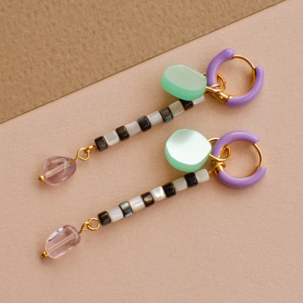 Pendientes de mitumi en lila, verde y blanco y negro