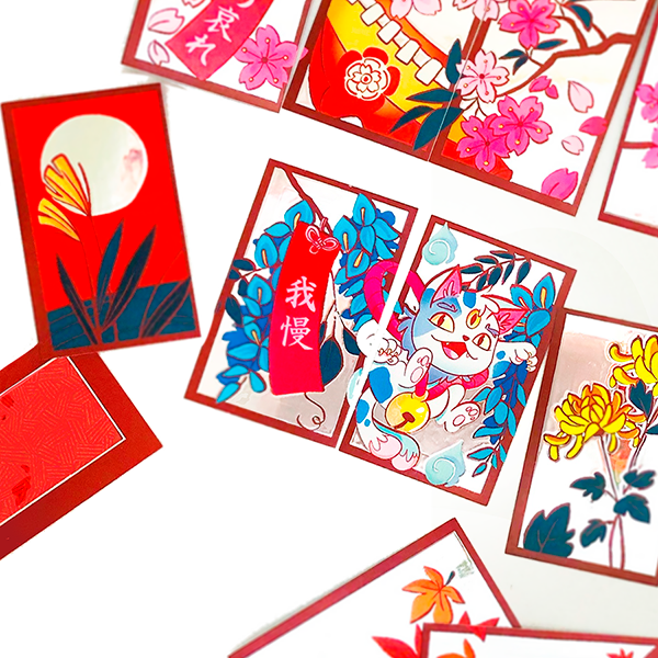 Cartas ilustradas de la baraja Hanafuda Yokai de Ruth Martínez con temática floral y yokai japoneses de estilo kawaii
