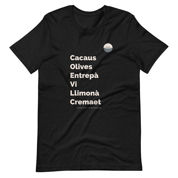 Camiseta negra unisex con las partes del almmuerzo o esmorzaret en valenciano