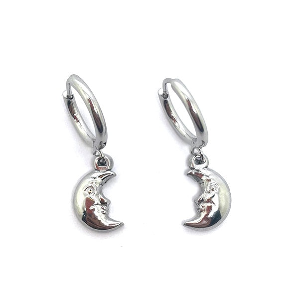 Pendientes de acero inoxidable plateados con forma de media luna con cara