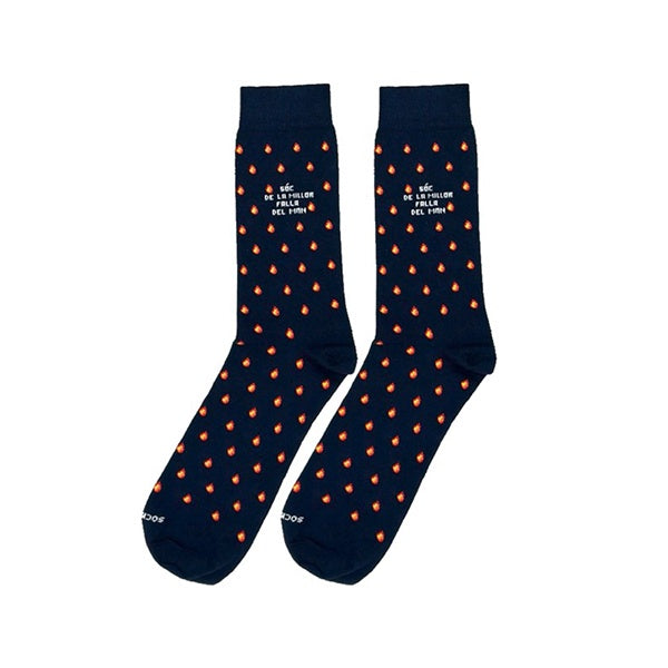 Calcetines de media caña estampados con llamitas y el mensaje "Soc de la millor Falla del mon"