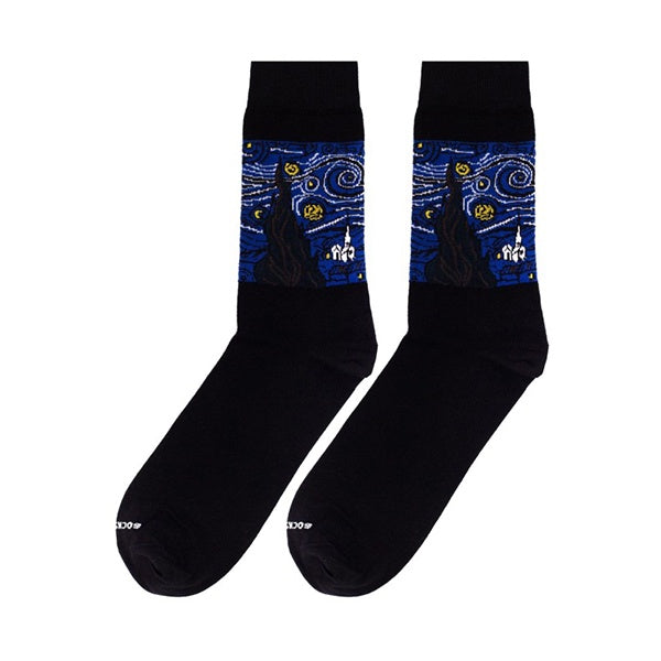 Calcetines negros de media caña estampados con la Noche Estrellada de Van Gogh