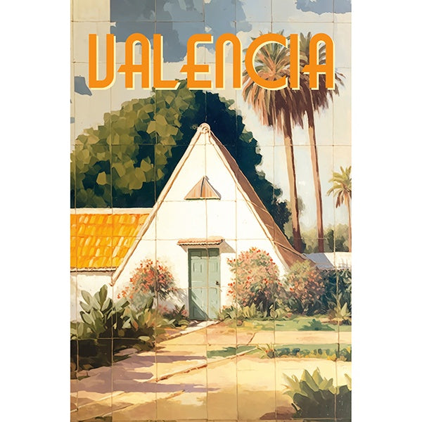 postal con la imagen de una barraca valenciana en un mural cerámico