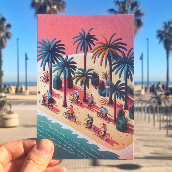 Postal con una ilustración de una playa, palmeras y un grupo de gente que va en bici y de fondo la playa de la malvarrosa en valencia