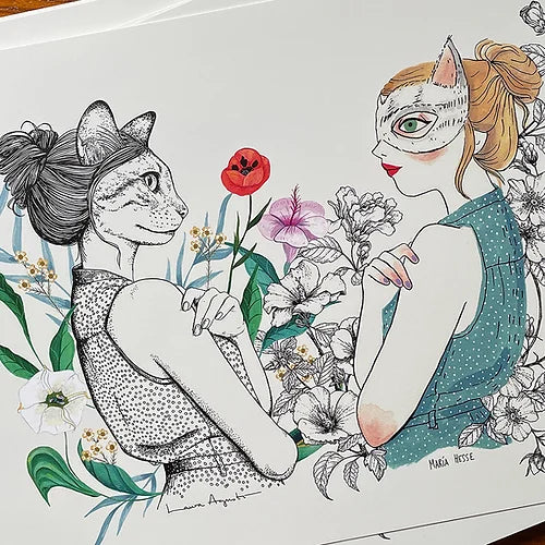 Detalle de la ilustración Nature de Laura Agustí y María Hesse con dos figuras femeninas gato y flores