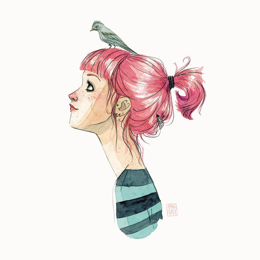 Ilustración de Esther Gili de una chica con el pelo rosa y un pájaro en la cabeza
