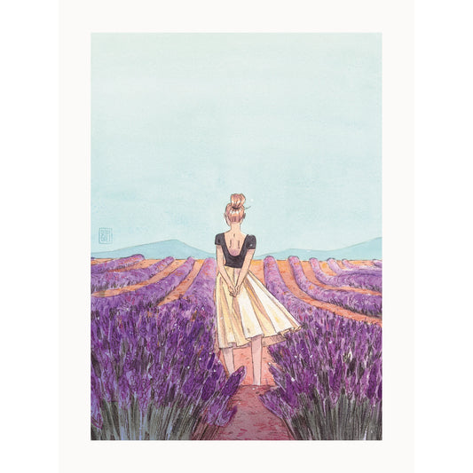Ilustración de Esther Gili de una mujer de espaldas en medio de un campo de lavanda