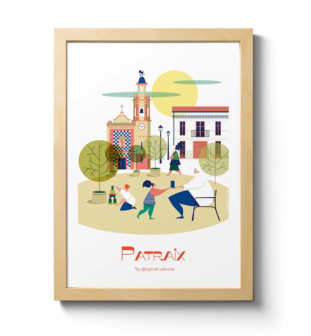 Ilustración del barrio de Patraix de Virginia Lorente con niños jugando en la plaza