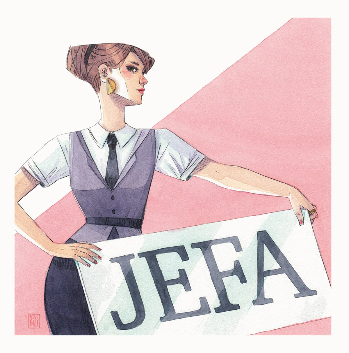 Mujer vestida con traje de chaqueta sosteniendo un cartel de JEFA