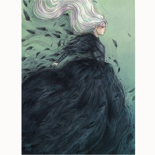 Ilustración de Esther Gili de mujer con traje negro de plumas y pelo blanco corriendo 