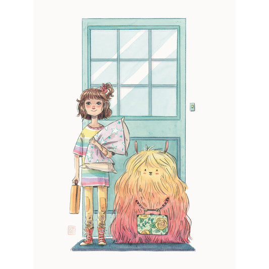 Ilustración de Esther Gili de una niña y su amigo imaginario con maletitas frente a una puerta