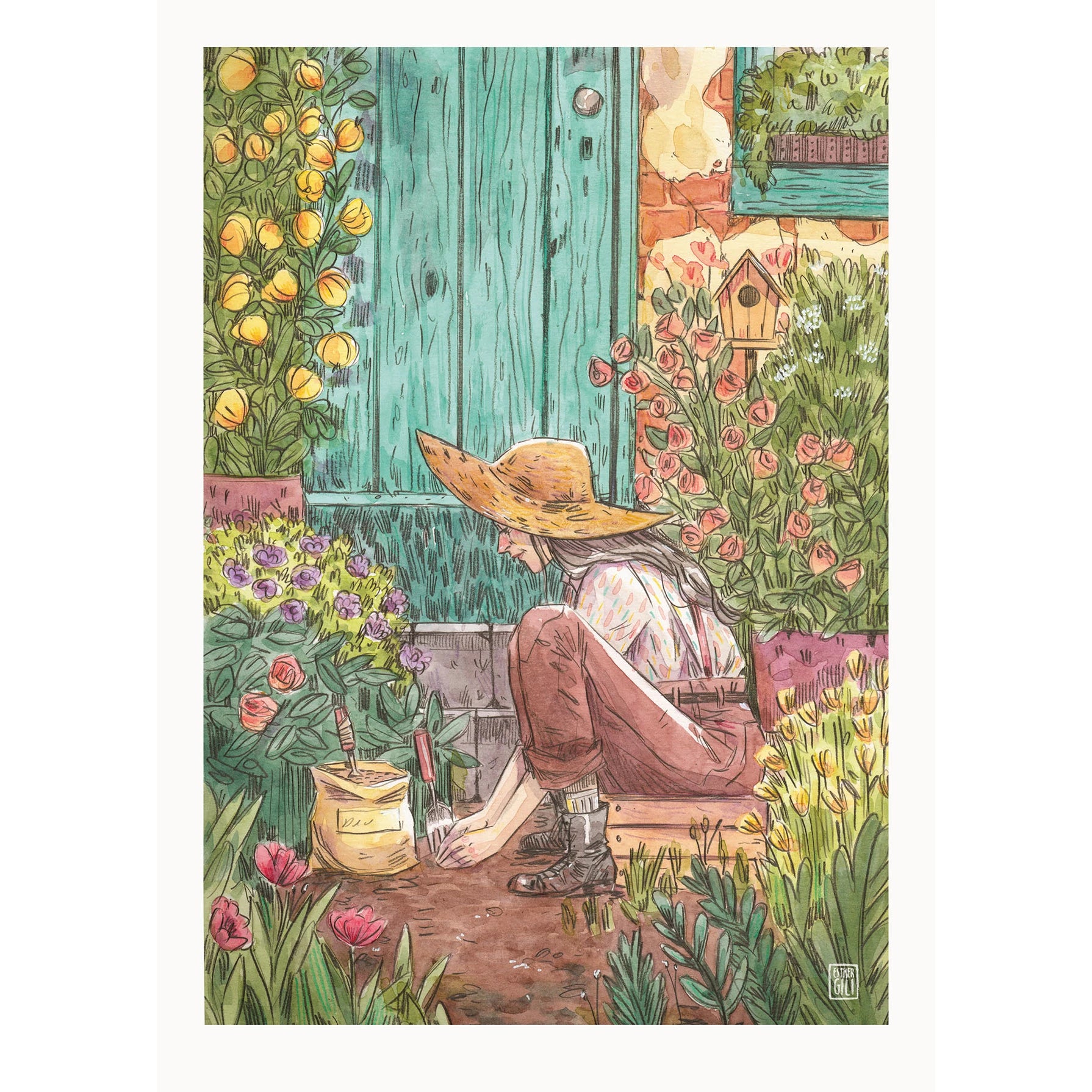 Ilustración de Esther Gili de una mujer con sombrero sentada en el jardín sembrando flores rodeada de plantas