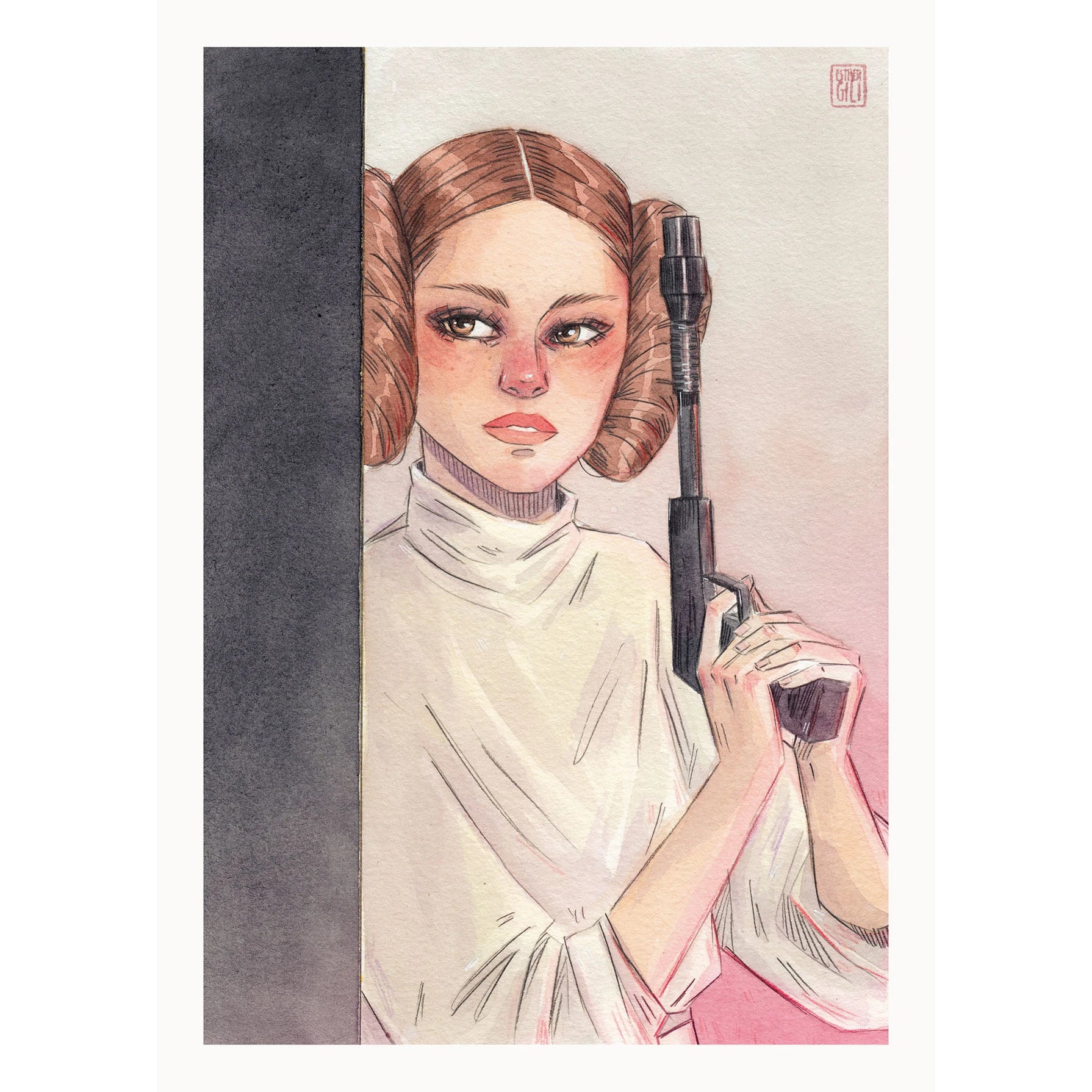 Ilustración de Esthre Gili de la princesa Leia de Star Wars con rodetes, vestido blanco y un arma en las manos 