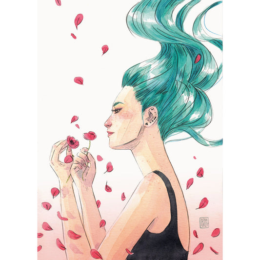 Ilustración de Esther Gili de una mujer oliendo amapolas con el pelo azul hacia arriba