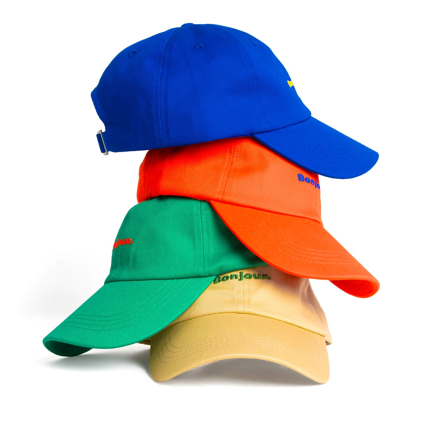 conjunto de 4 gorras apiladas de Helio Ferretti en colores azul, naranja, verde y camel