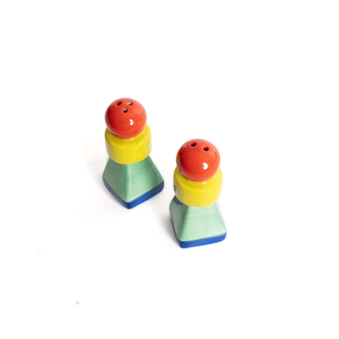 set de sal y pimienta en forma de alfiles de color rojo, amarillo, verde y azul