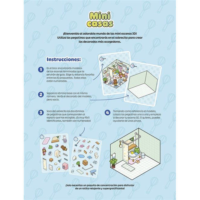 Contraportada del libro en el que se crean espacios de diferentes espacios de la casa. La imagen indica las instrucciones, que consiste en que hay espacios vacíos que se completarán con las pegatinas que se aportan. Tomando de referencia las imágenes de estos espacios ya completos