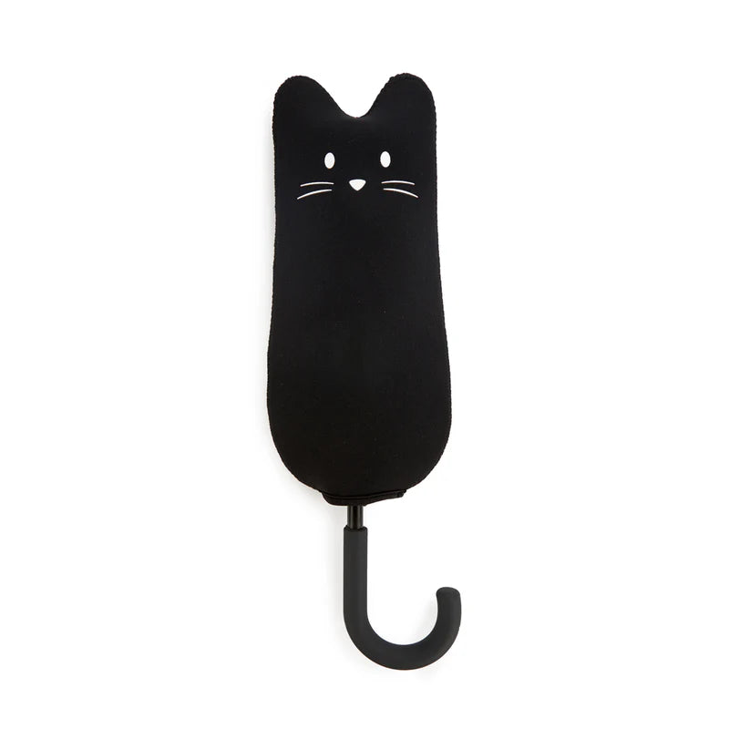 paraguas meowmbrella con la funda en forma de gato de color negro con los bigotes y los ojos en color blanco y el mango en color negro como si fuera la cola