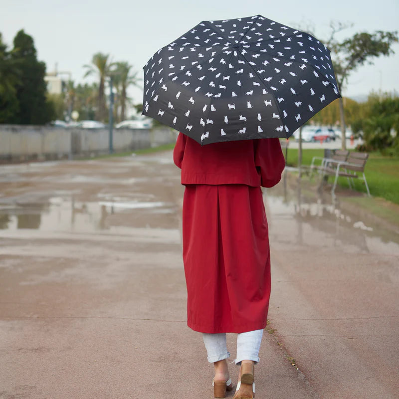 persona posando con el paraguas de gato abierto, en color negro y con siluetas de gatos blancos en distintas posturas