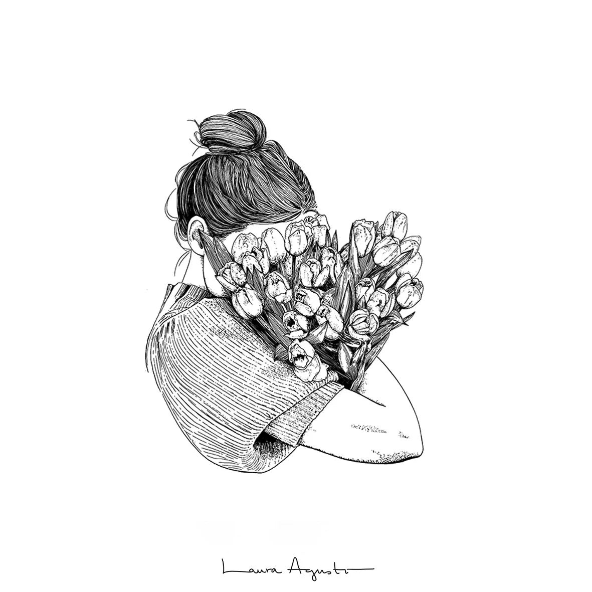 ilustración de una chica metiendo la cara en un ramo de tulipanes de Laura Agustí