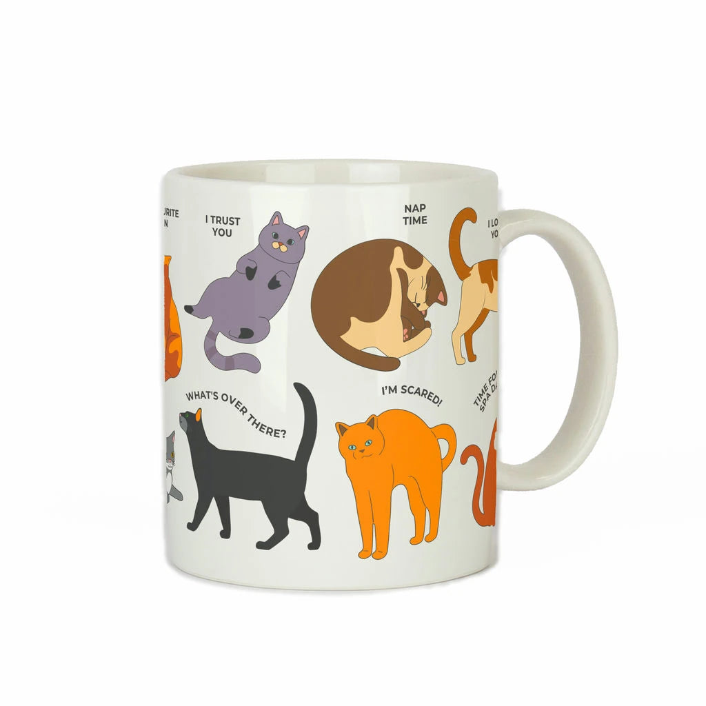 Taza de cerámica con estampado de gatos en diferentes posturas y el significado